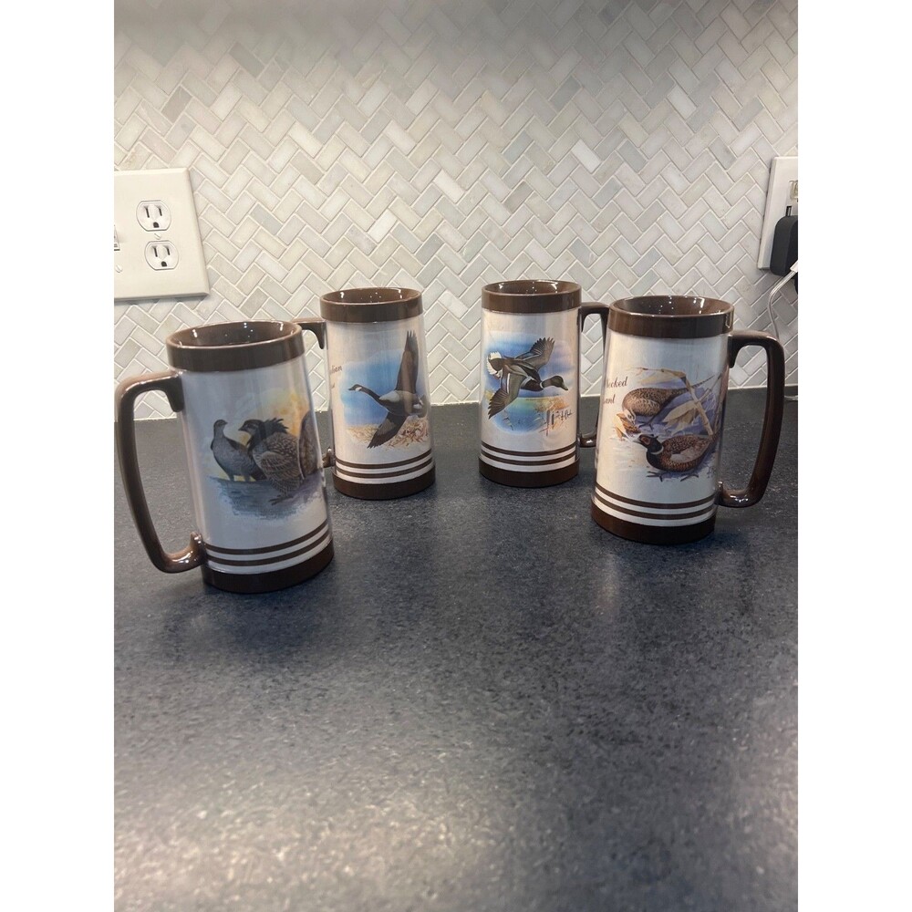 Set Of  4 Vintage Thermo-Serv Plastic Mug Coffee Cup Bird Duck Goose USA